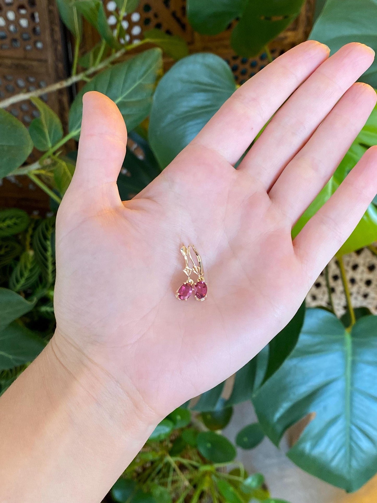 Vintage Solid 14k Yellow Gold Pink Tourmaline Dangle Earrings