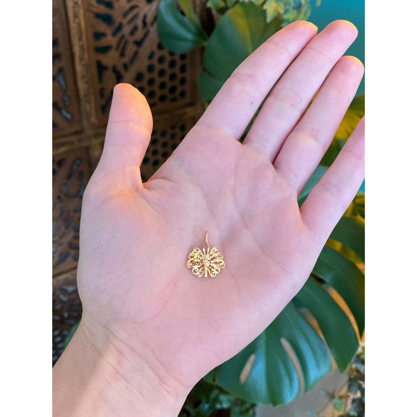Vintage Solid 14k Yellow Gold Filigree Butterfly Charm