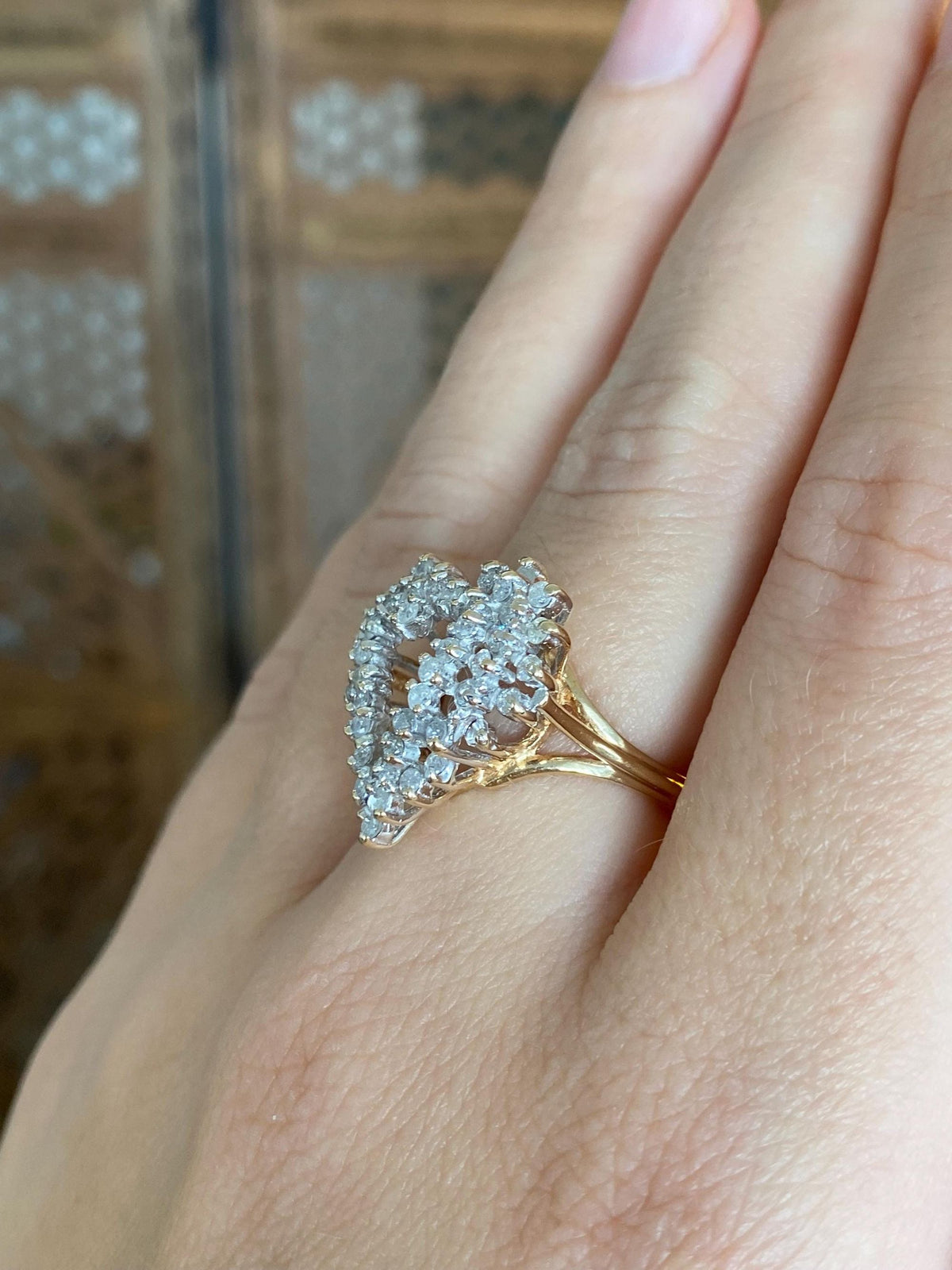 Vintage Solid 14k White & Yellow Gold Diamonds Heart Ring - Size 6.5