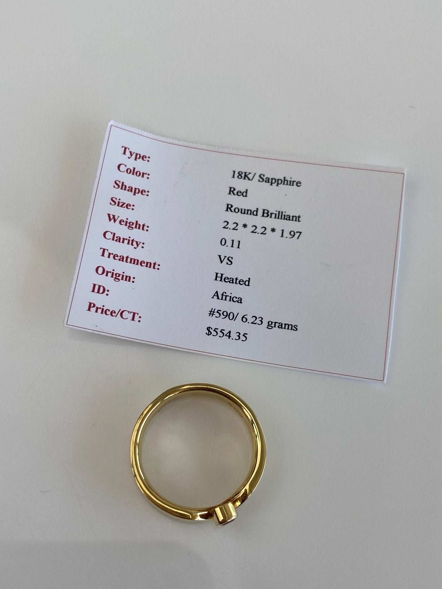 Vintage Solid 18k Yellow Gold Red Sapphire Ring Band - Size 6