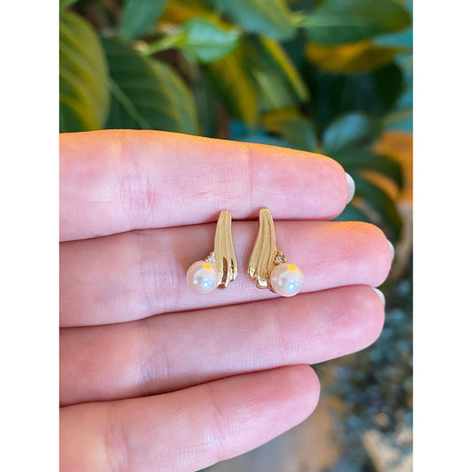 Vintage Solid 14k Yellow Gold Diamond Pearl Fluted Twist Drop Earrings