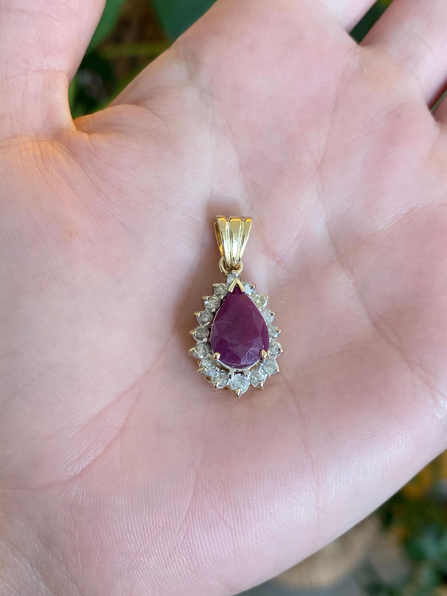 Vintage Solid 14k Yellow Gold Rose Cut Ruby Diamond Halo Teardrop Charm