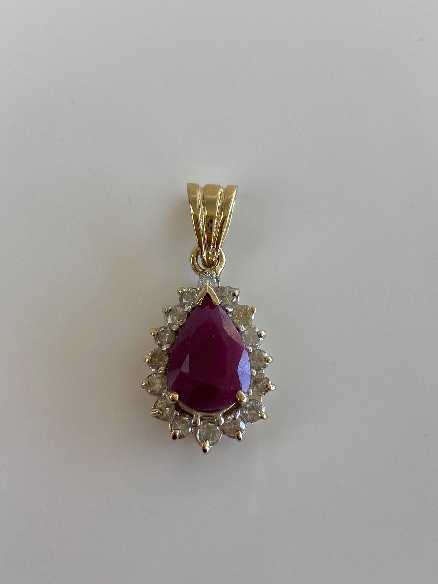 Vintage Solid 14k Yellow Gold Rose Cut Ruby Diamond Halo Teardrop Charm