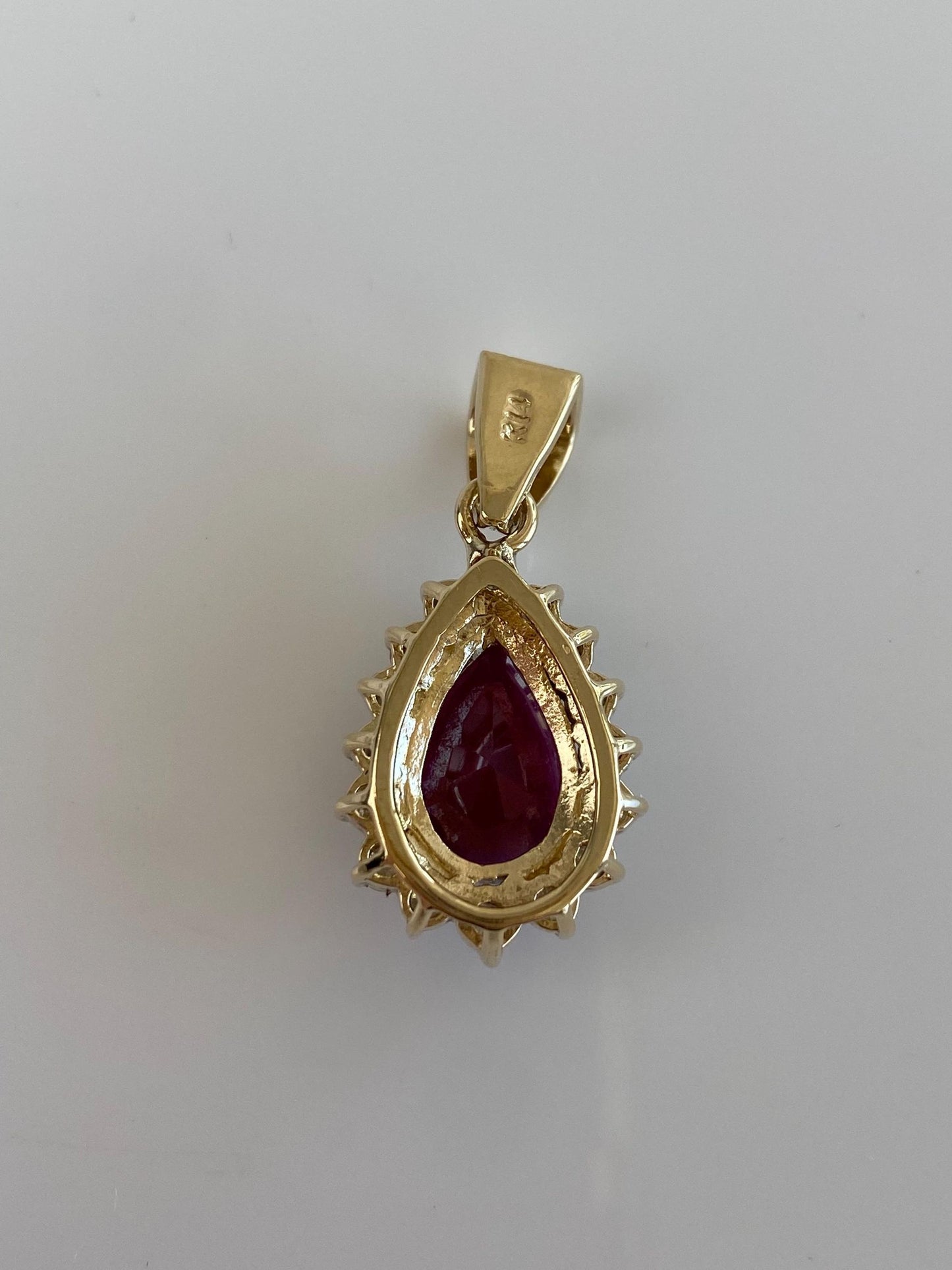 Vintage Solid 14k Yellow Gold Rose Cut Ruby Diamond Halo Teardrop Charm