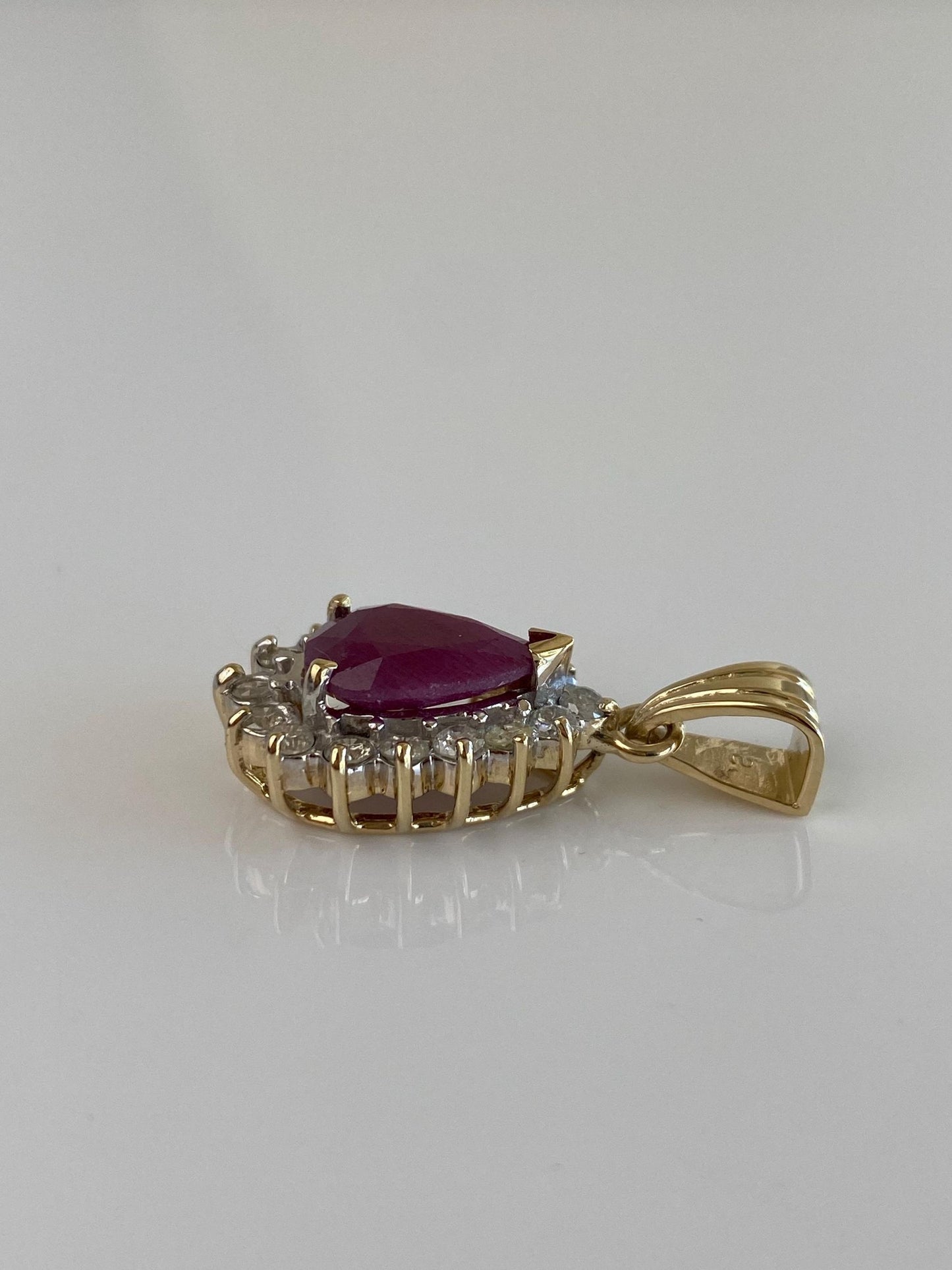 Vintage Solid 14k Yellow Gold Rose Cut Ruby Diamond Halo Teardrop Charm
