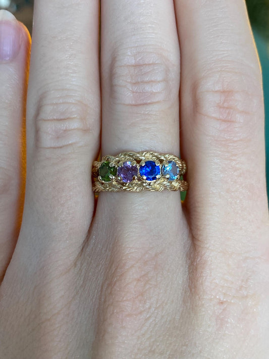 Vintage Solid 14k Yellow Gold Blue Spinel Aquamarine Purple Sapphire Peridot Row Ring Band - Size 6.5