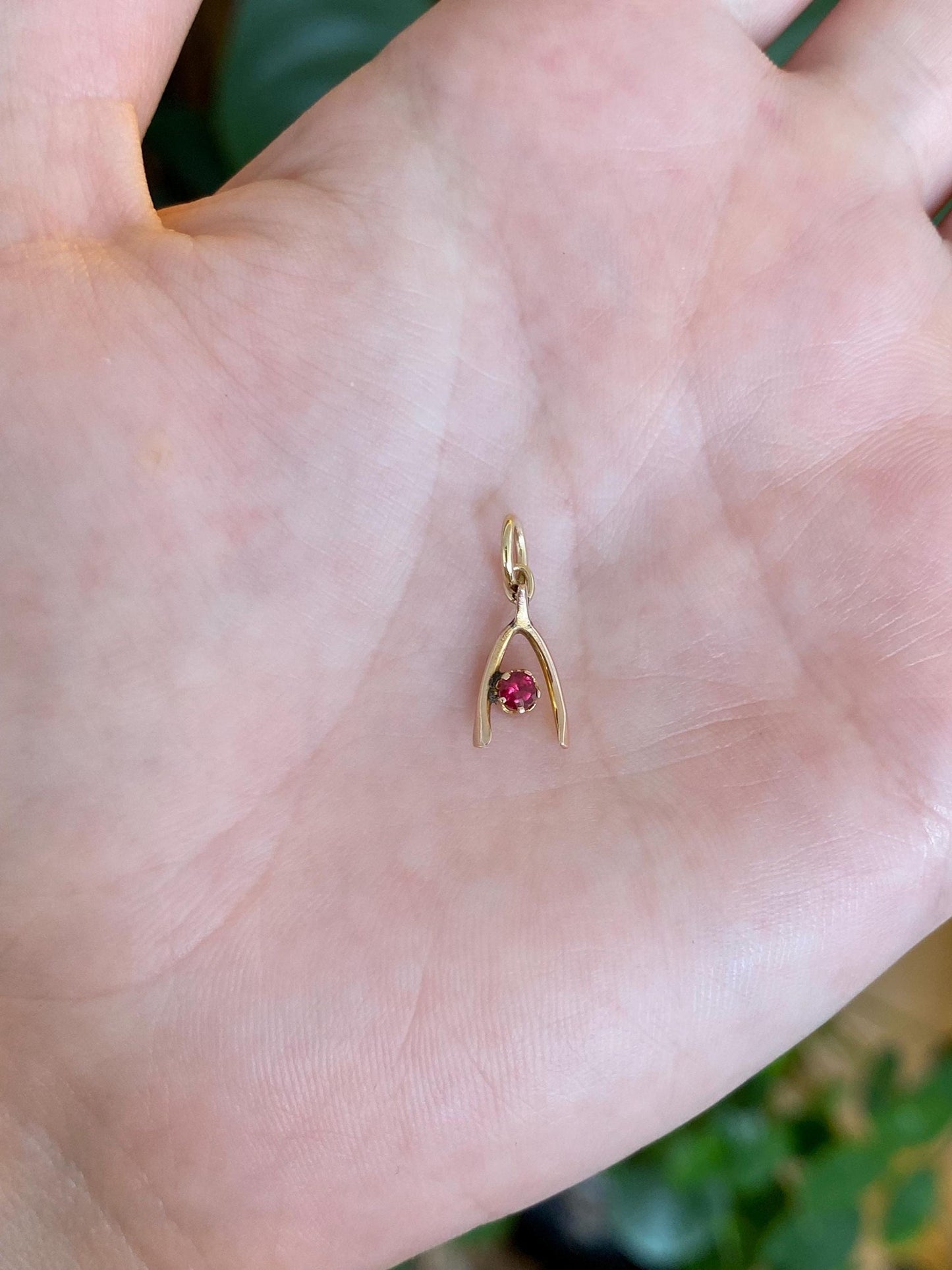 Vintage Solid 8k Yellow Gold Pink Tourmaline Wishbone Charm