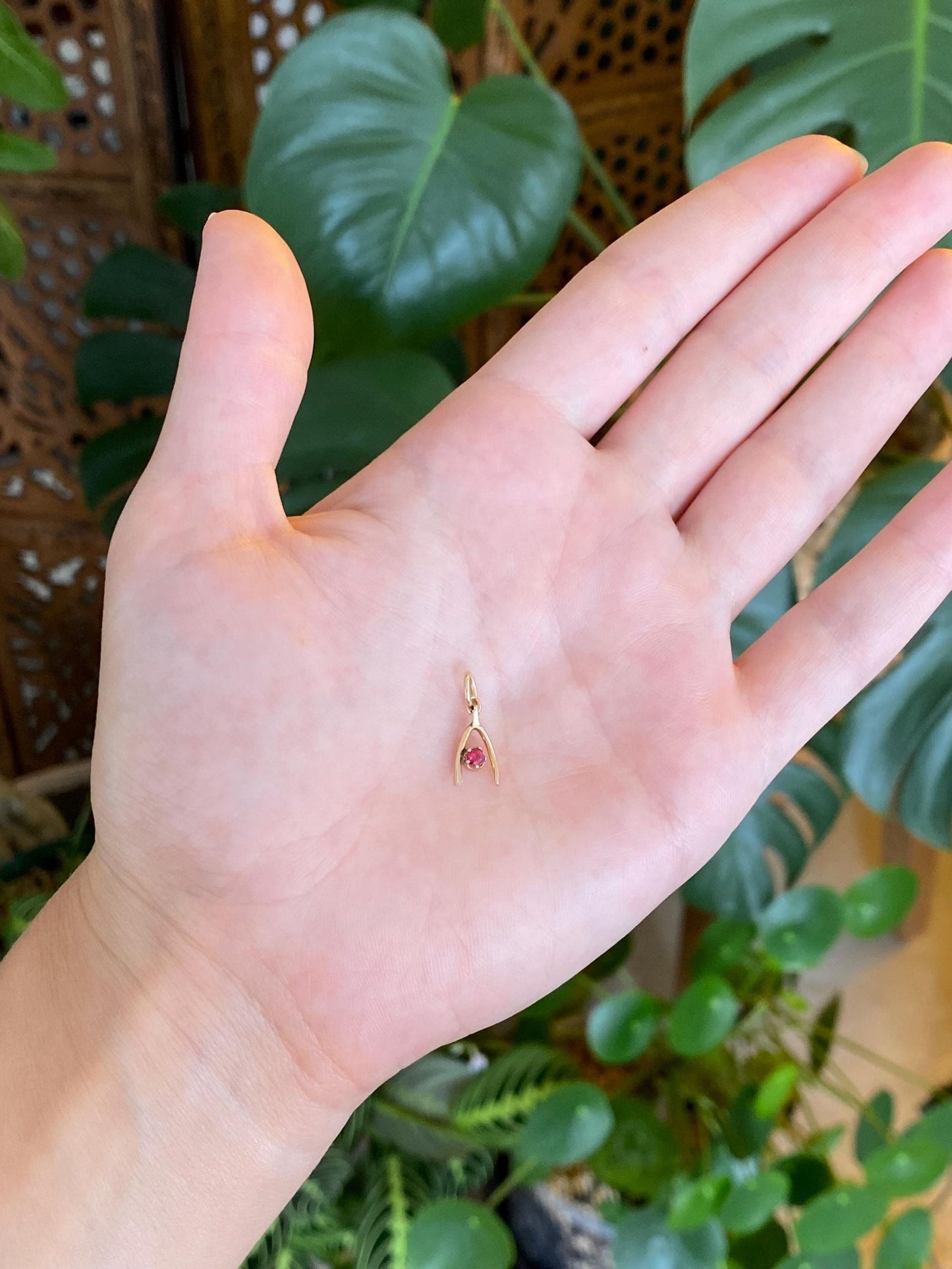 Vintage Solid 8k Yellow Gold Pink Tourmaline Wishbone Charm