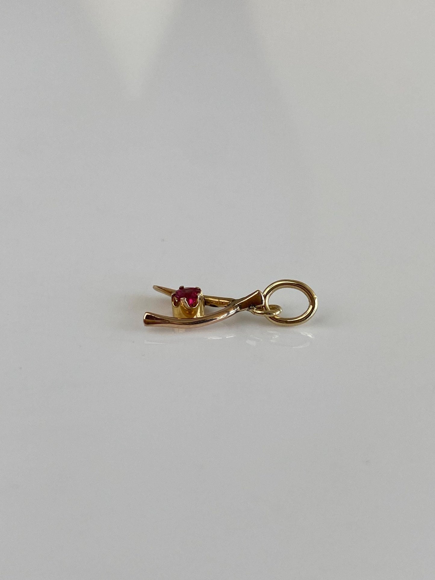 Vintage Solid 8k Yellow Gold Pink Tourmaline Wishbone Charm