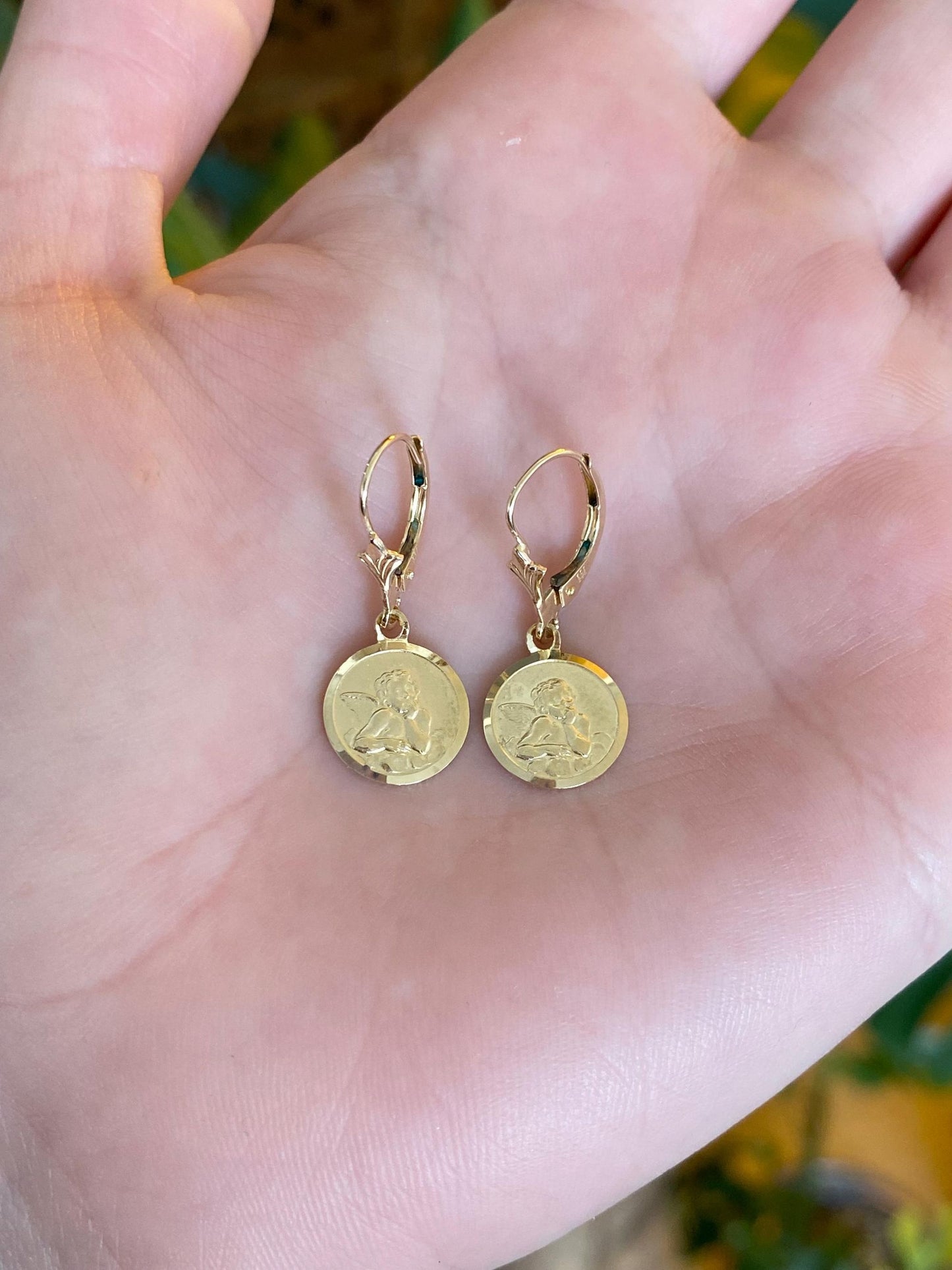 Vintage Solid 14k Yellow Gold Cherub Angel Dangle Earrings
