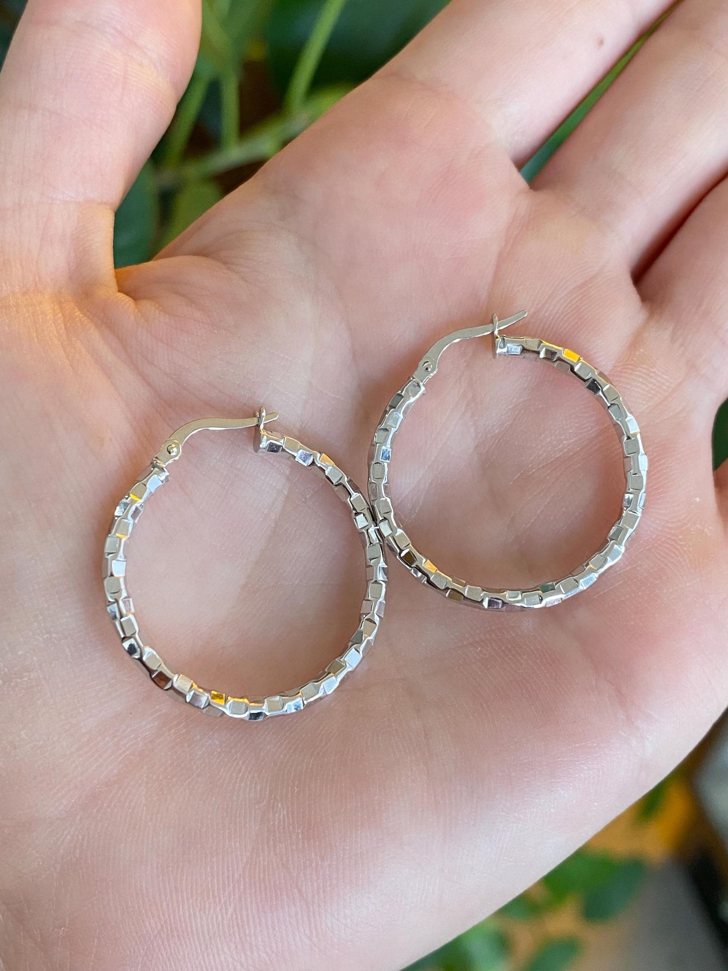 Vintage 14k White Gold Faceted Disco Hoop Earrings