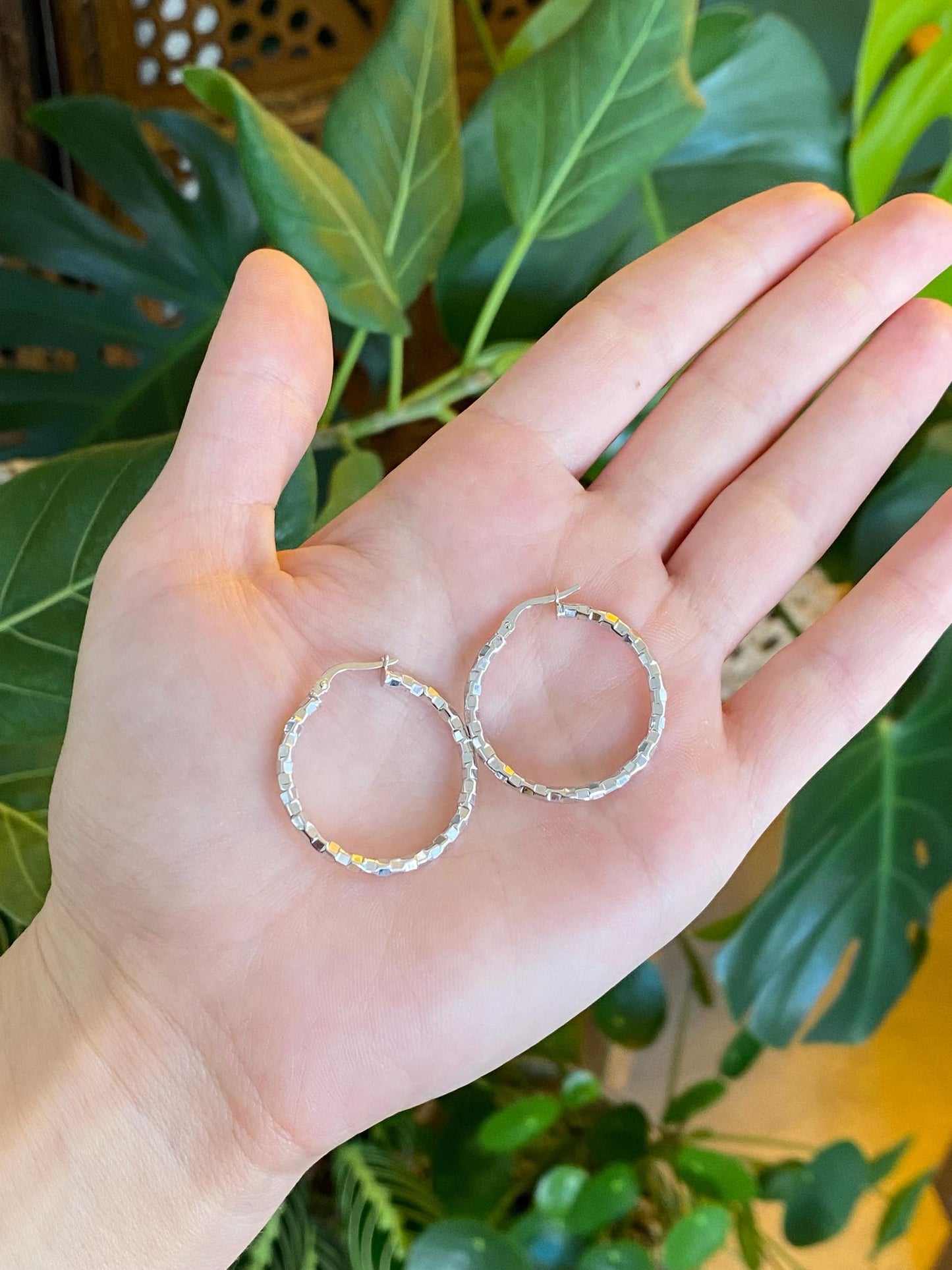 Vintage 14k White Gold Faceted Disco Hoop Earrings