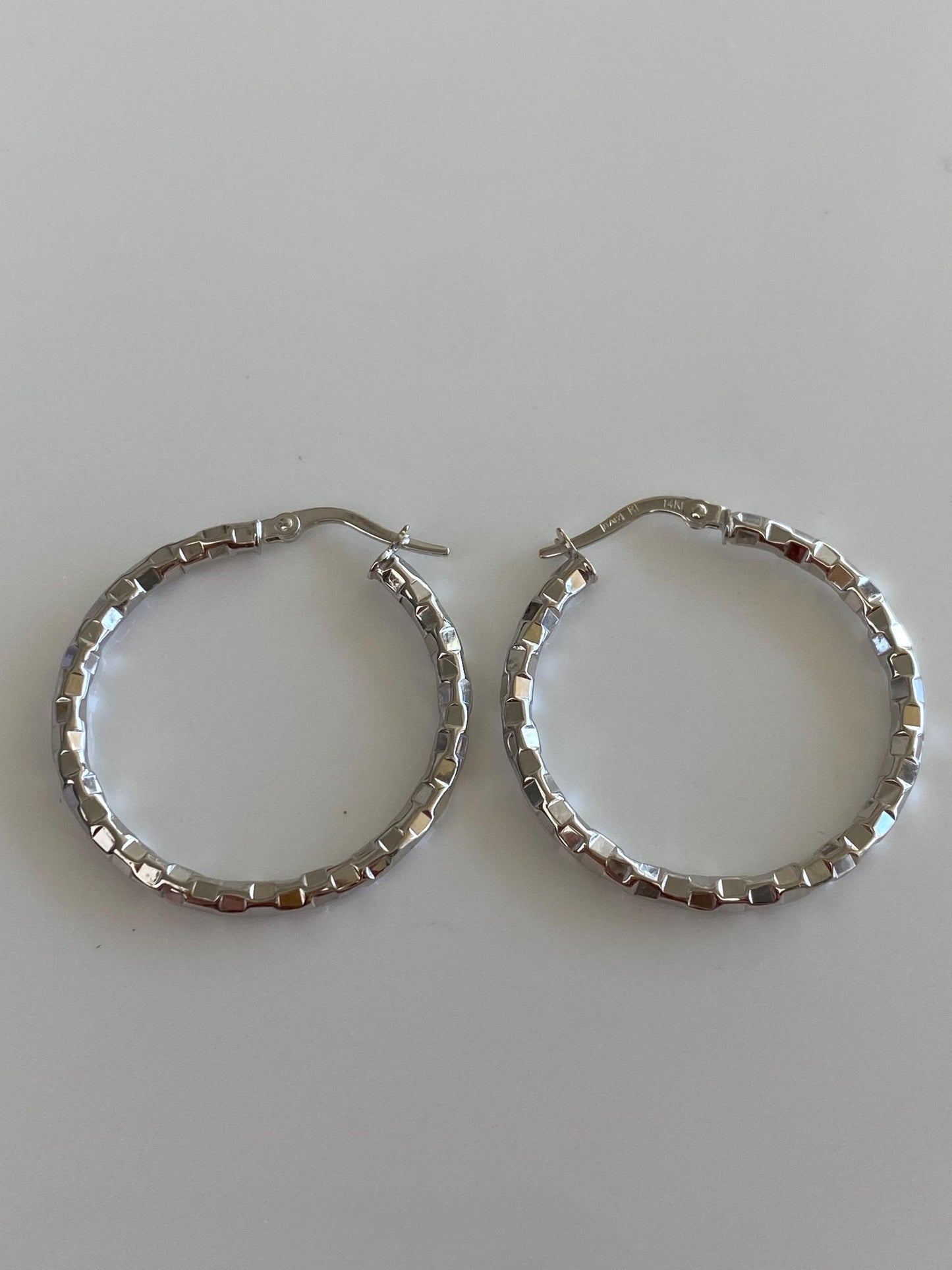 Vintage 14k White Gold Faceted Disco Hoop Earrings
