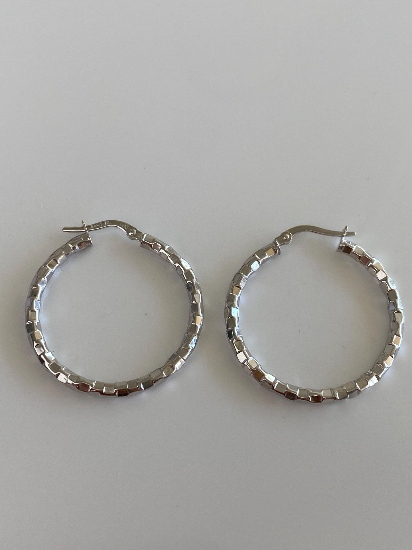 Vintage 14k White Gold Faceted Disco Hoop Earrings