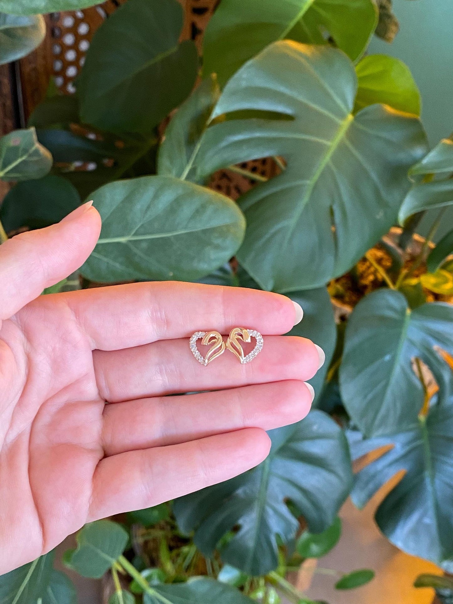Vintage Solid 10k White & Yellow Gold Heart Stud Earrings