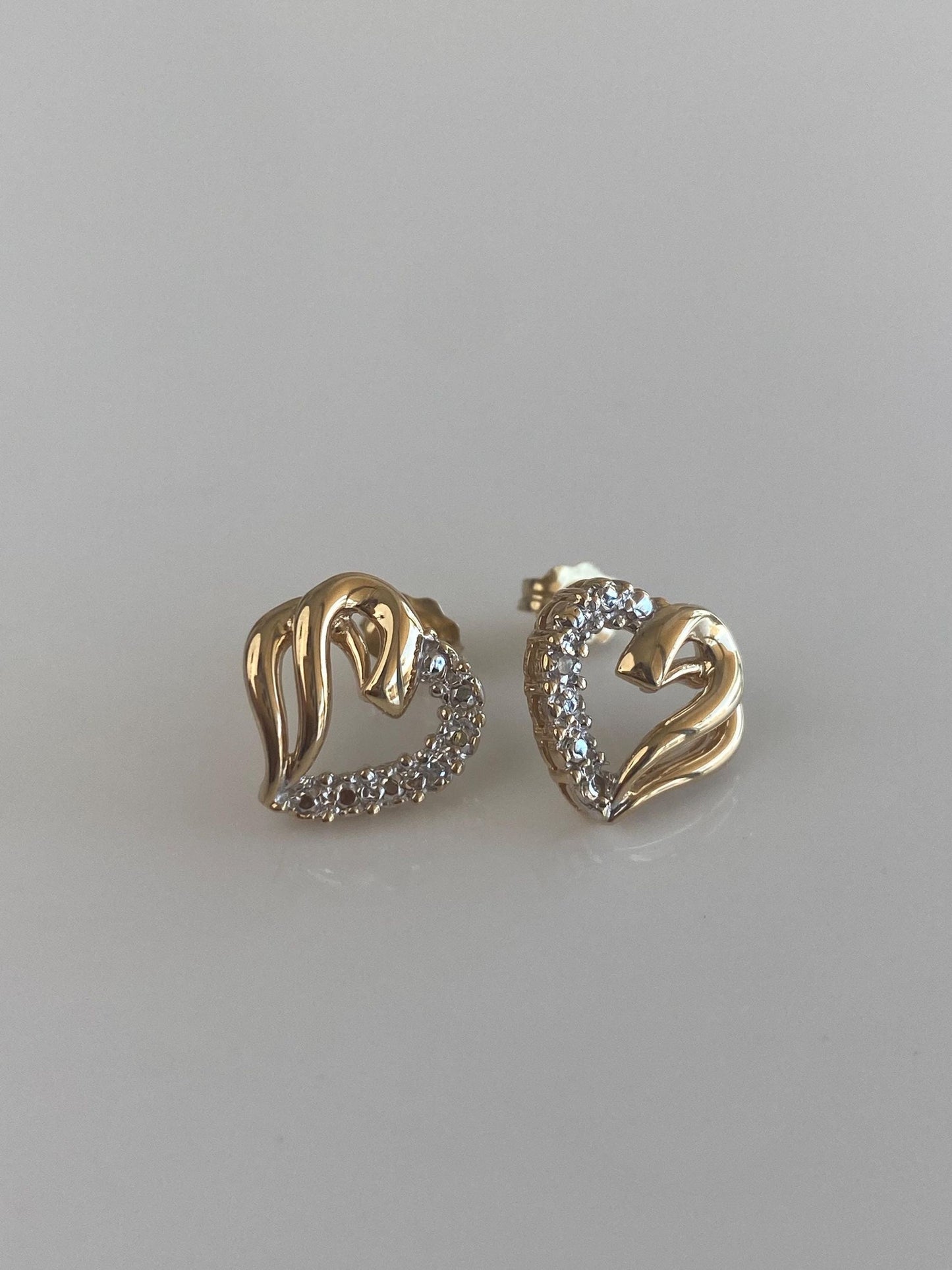 Vintage Solid 10k White & Yellow Gold Heart Stud Earrings