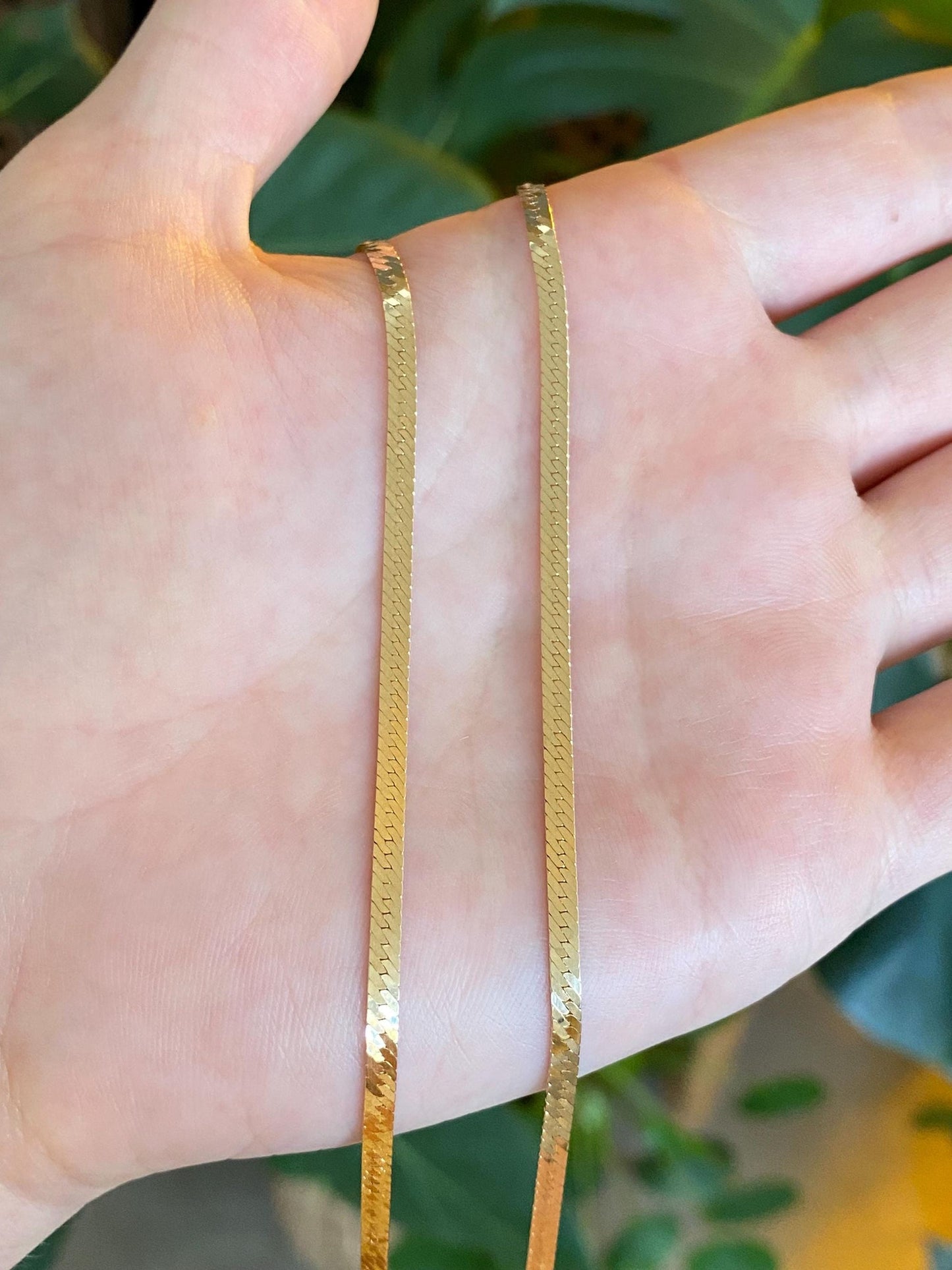 Vintage Solid 14k Yellow Gold Slim Herringbone Chain Necklace - 20 inches