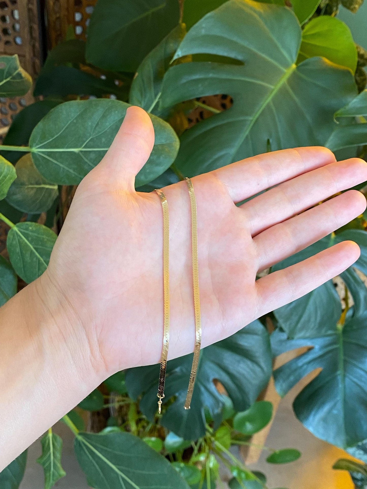 Vintage Solid 14k Yellow Gold Slim Herringbone Chain Necklace - 20 inches