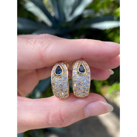 Solid 14k Yellow Gold Diamond Blue Sapphire Drop Earrings