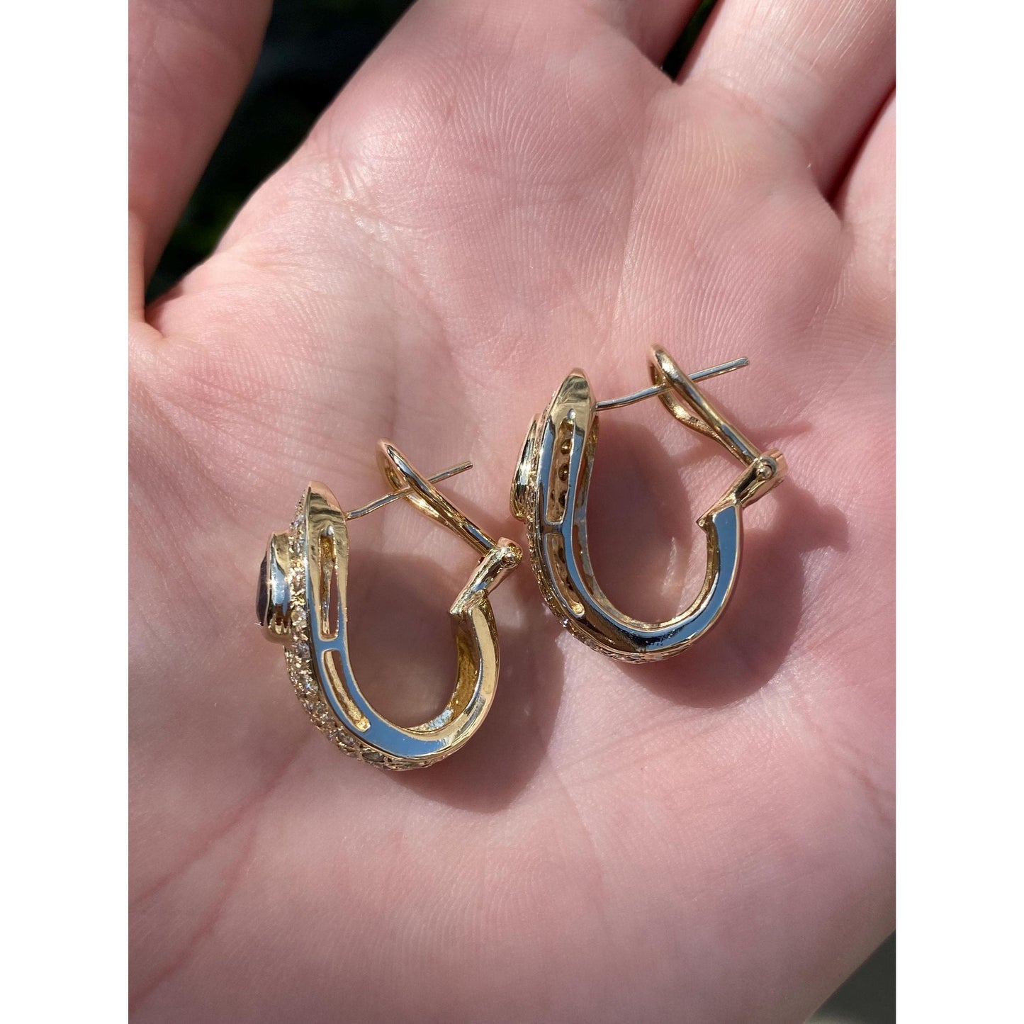 Solid 14k Yellow Gold Diamond Blue Sapphire Drop Earrings