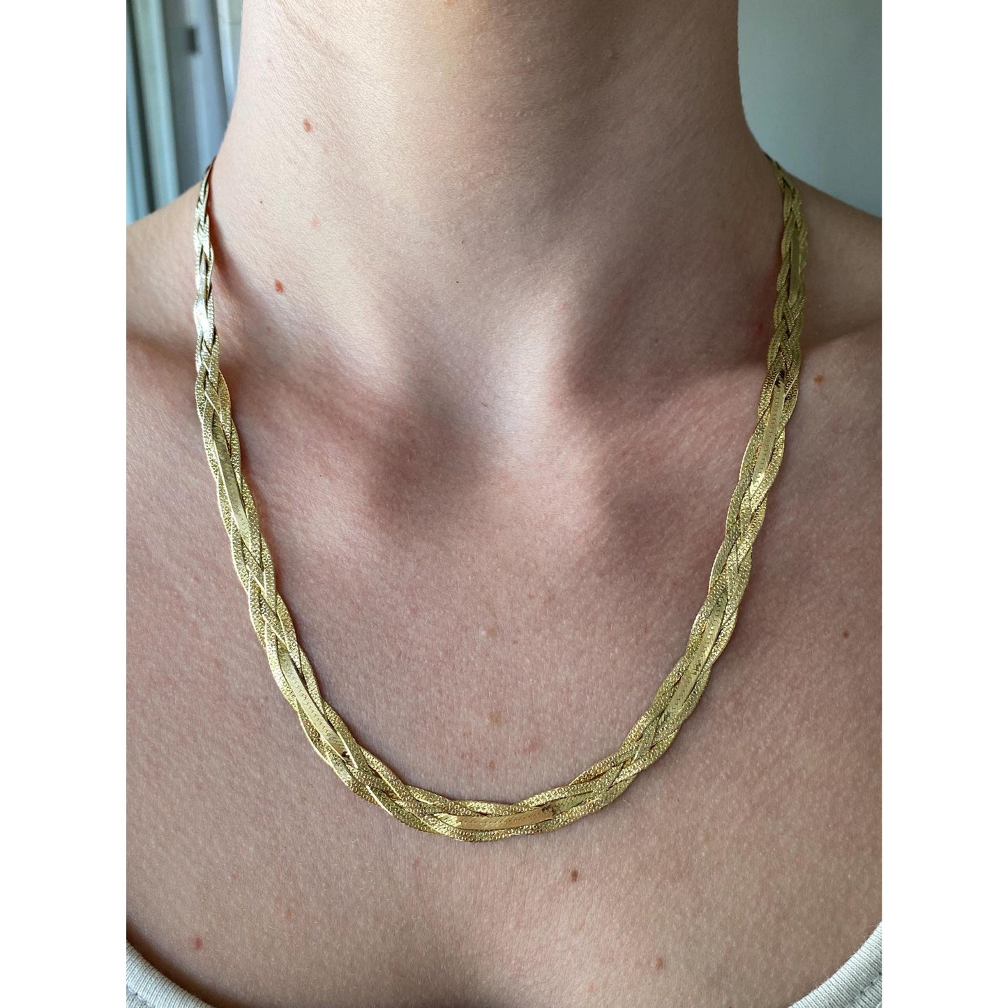 Vintage Solid 14k Yellow Gold Long Braided Herringbone Chain Necklace - 19.75 inches