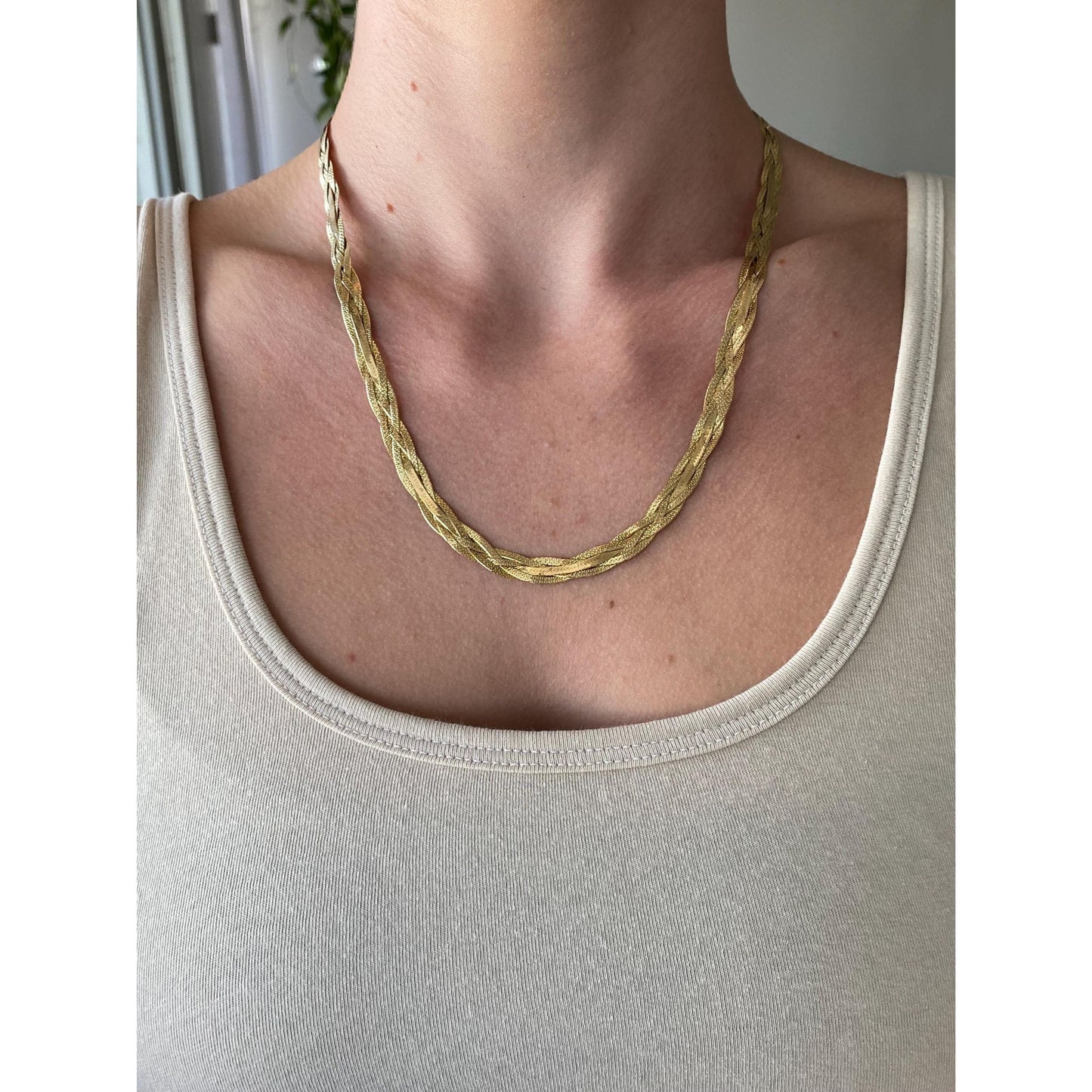 Vintage Solid 14k Yellow Gold Long Braided Herringbone Chain Necklace - 19.75 inches