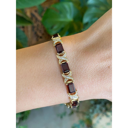 Solid 14k Yellow Gold Garnet Diamond X Link Chain Bracelet - 7 inches