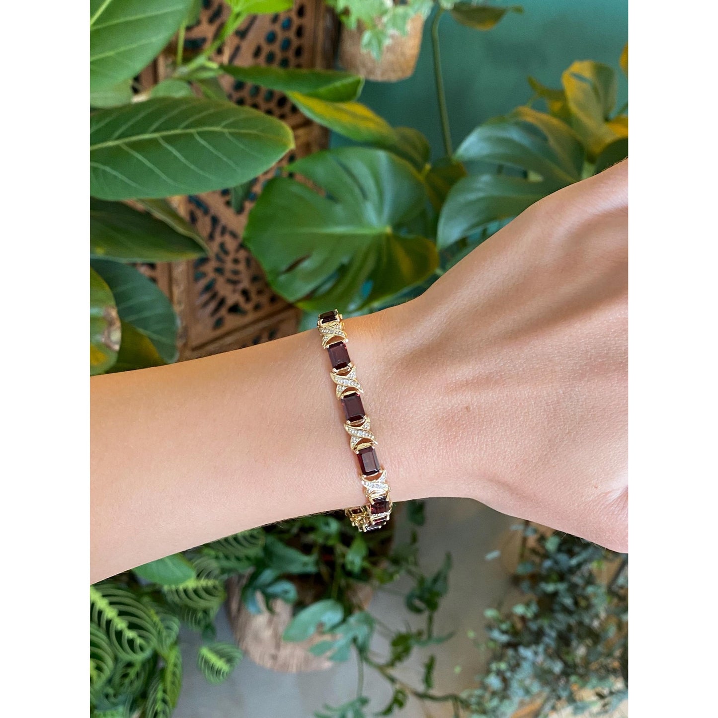 Solid 14k Yellow Gold Garnet Diamond X Link Chain Bracelet - 7 inches