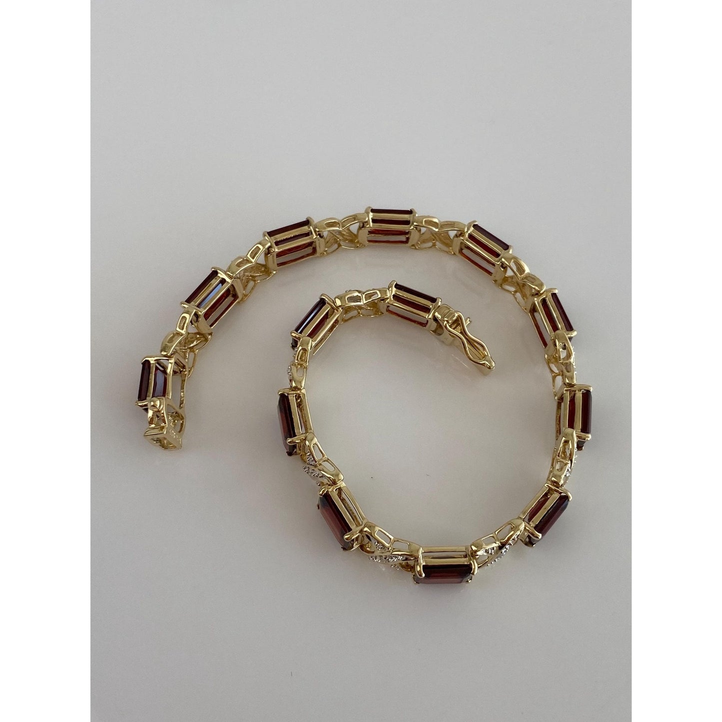 Solid 14k Yellow Gold Garnet Diamond X Link Chain Bracelet - 7 inches