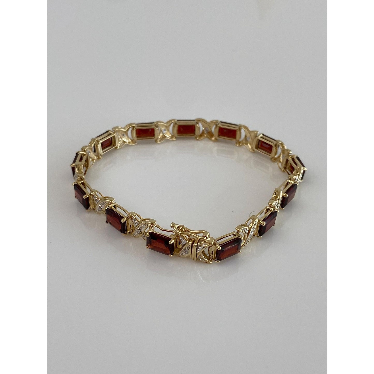 Solid 14k Yellow Gold Garnet Diamond X Link Chain Bracelet - 7 inches