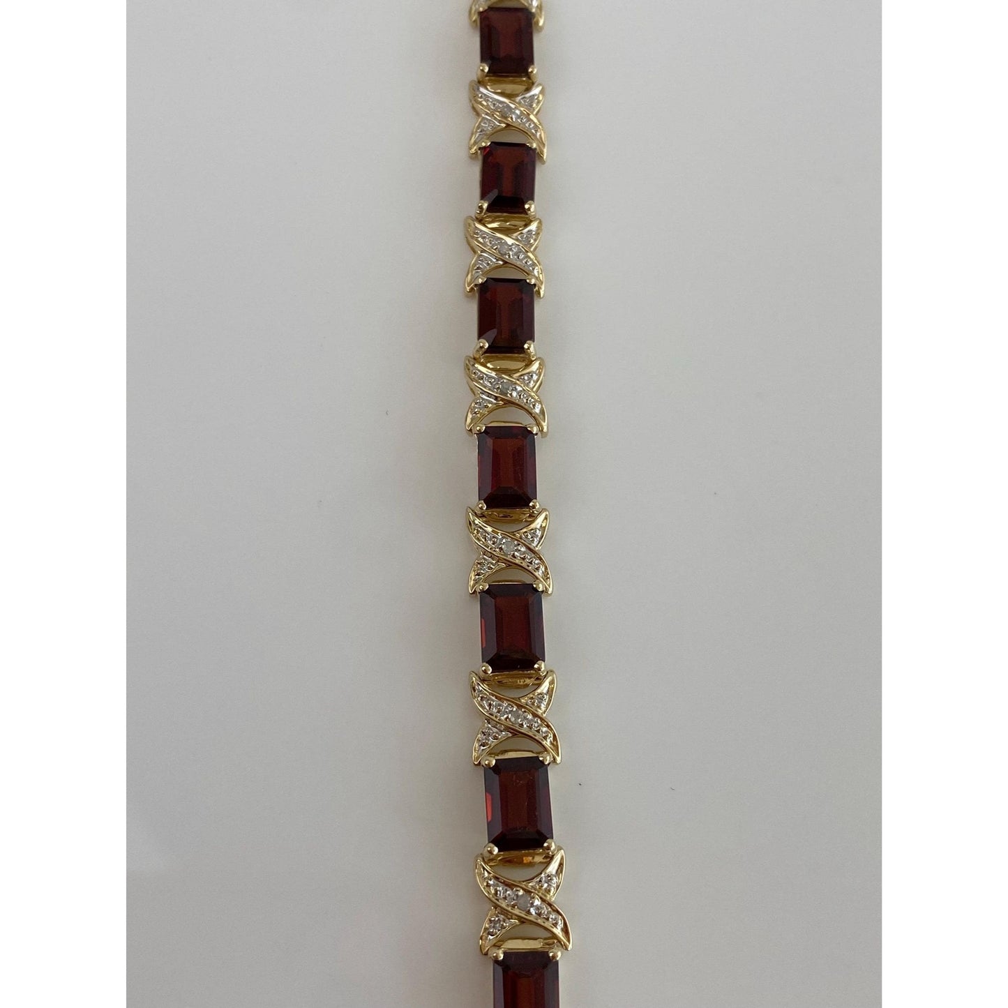 Solid 14k Yellow Gold Garnet Diamond X Link Chain Bracelet - 7 inches