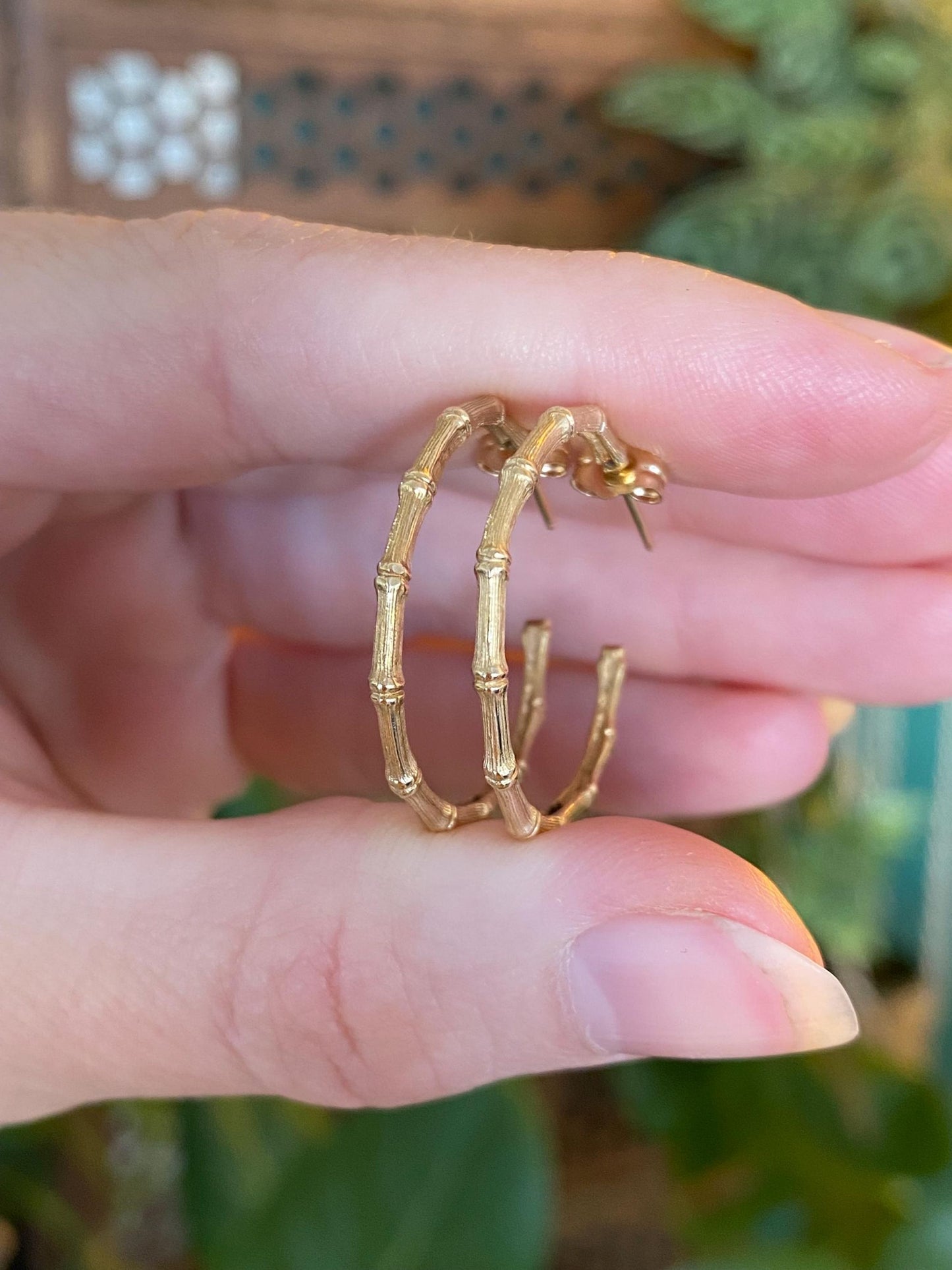 Vintage Solid 14k Yellow Gold Bamboo Hoop Earrings