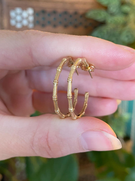 Vintage Solid 14k Yellow Gold Bamboo Hoop Earrings