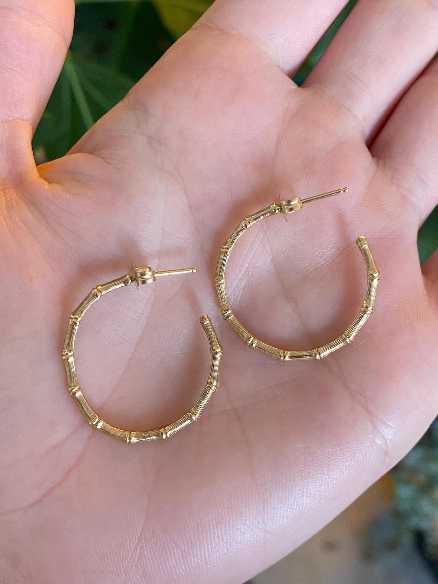 Vintage Solid 14k Yellow Gold Bamboo Hoop Earrings