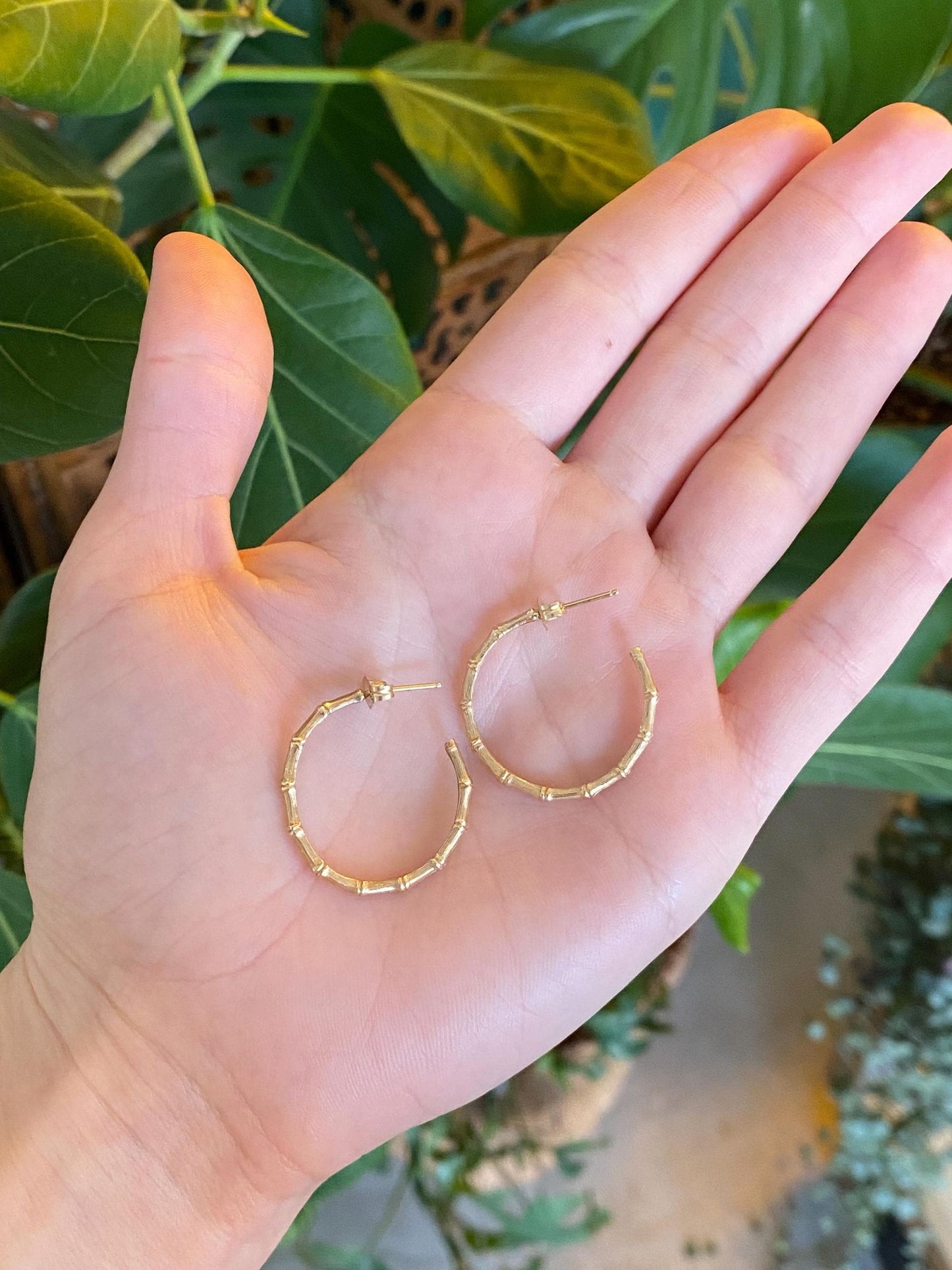Vintage Solid 14k Yellow Gold Bamboo Hoop Earrings