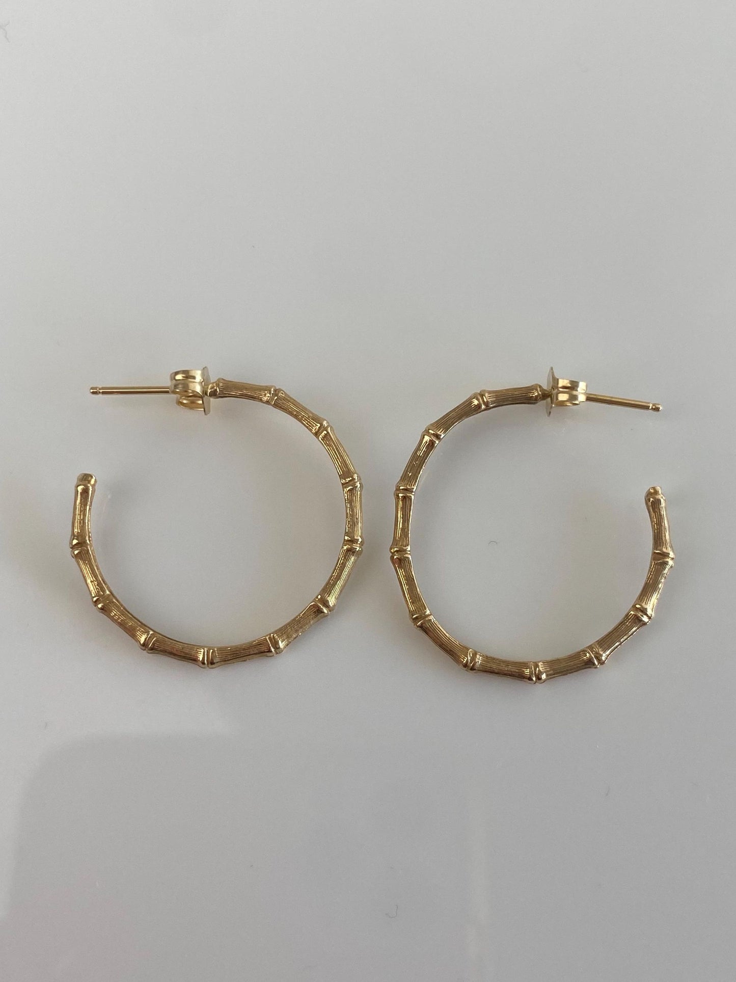 Vintage Solid 14k Yellow Gold Bamboo Hoop Earrings