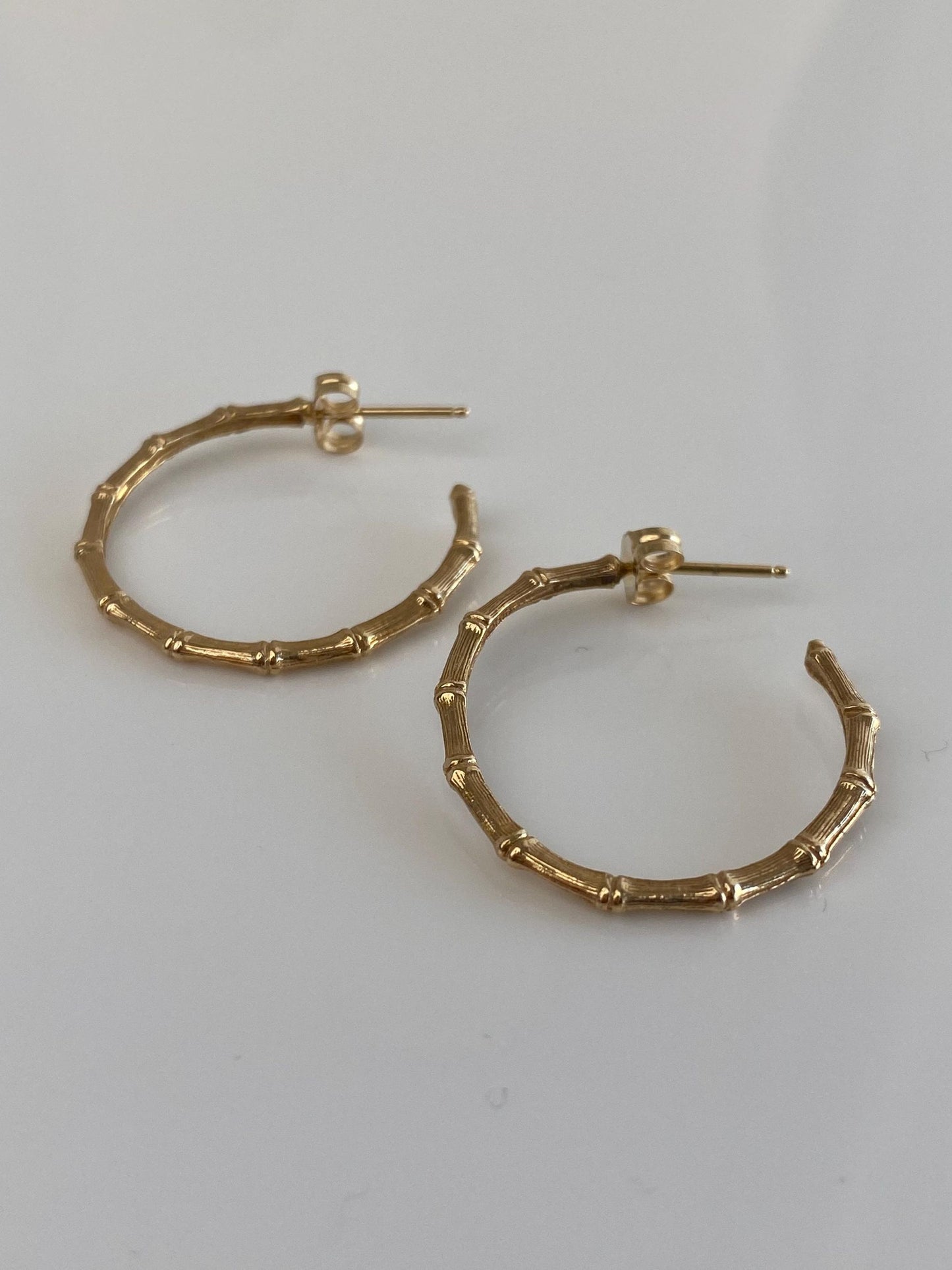 Vintage Solid 14k Yellow Gold Bamboo Hoop Earrings