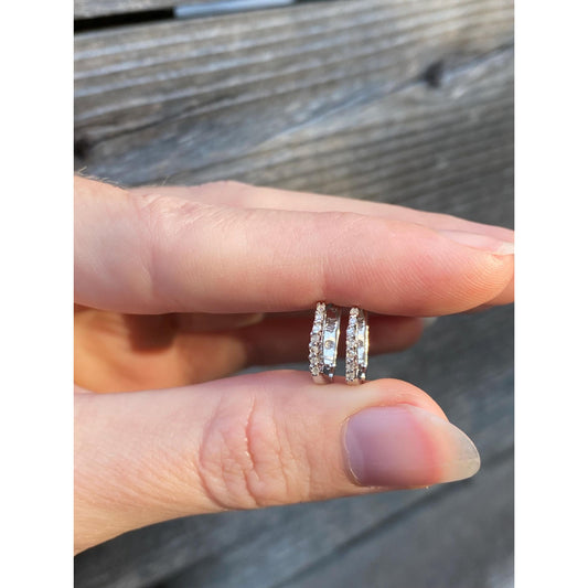 Vintage Solid 10k White Gold Clear Sapphire Half Hoop Earrings