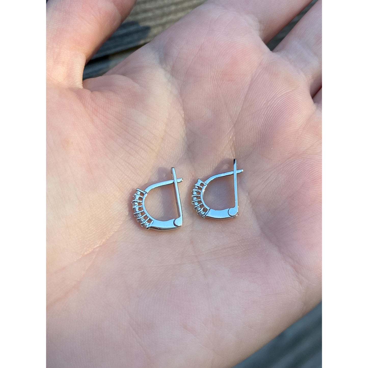 Vintage Solid 10k White Gold Clear Sapphire Half Hoop Earrings