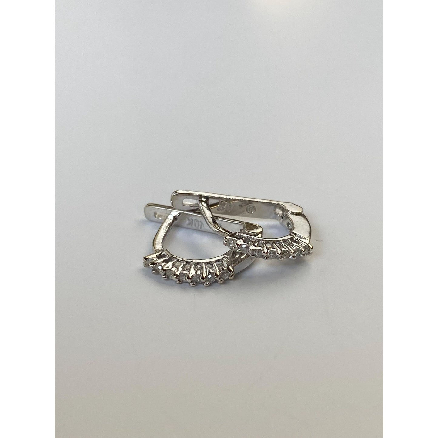 Vintage Solid 10k White Gold Clear Sapphire Half Hoop Earrings