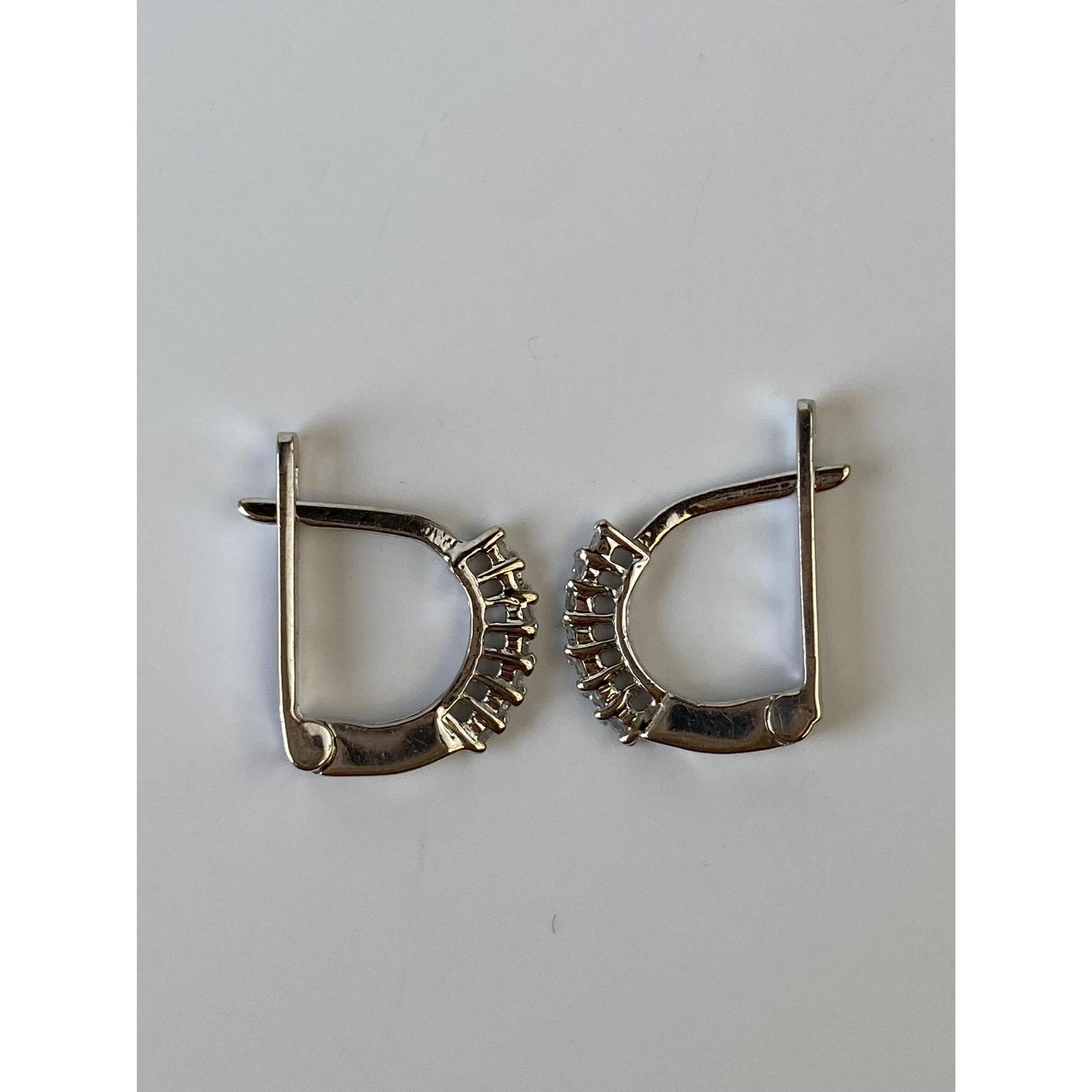 Vintage Solid 10k White Gold Clear Sapphire Half Hoop Earrings