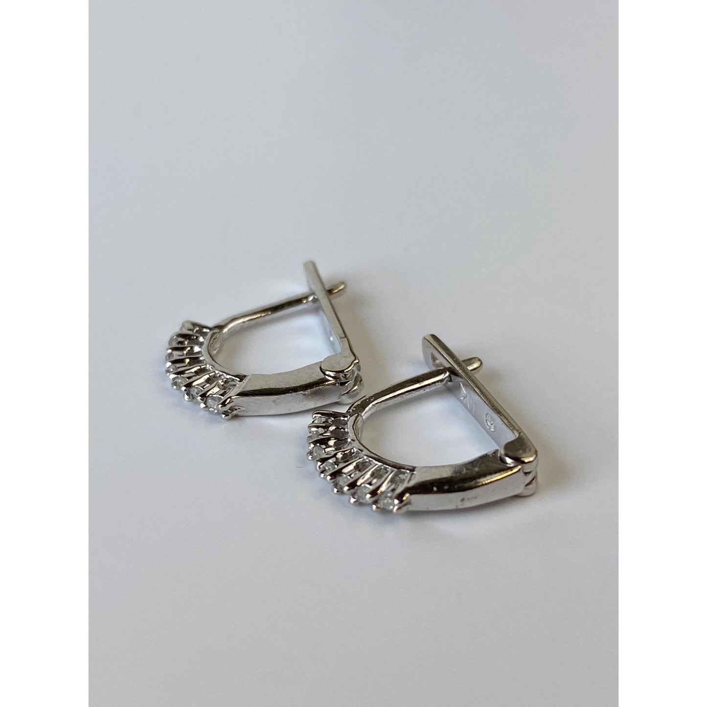 Vintage Solid 10k White Gold Clear Sapphire Half Hoop Earrings