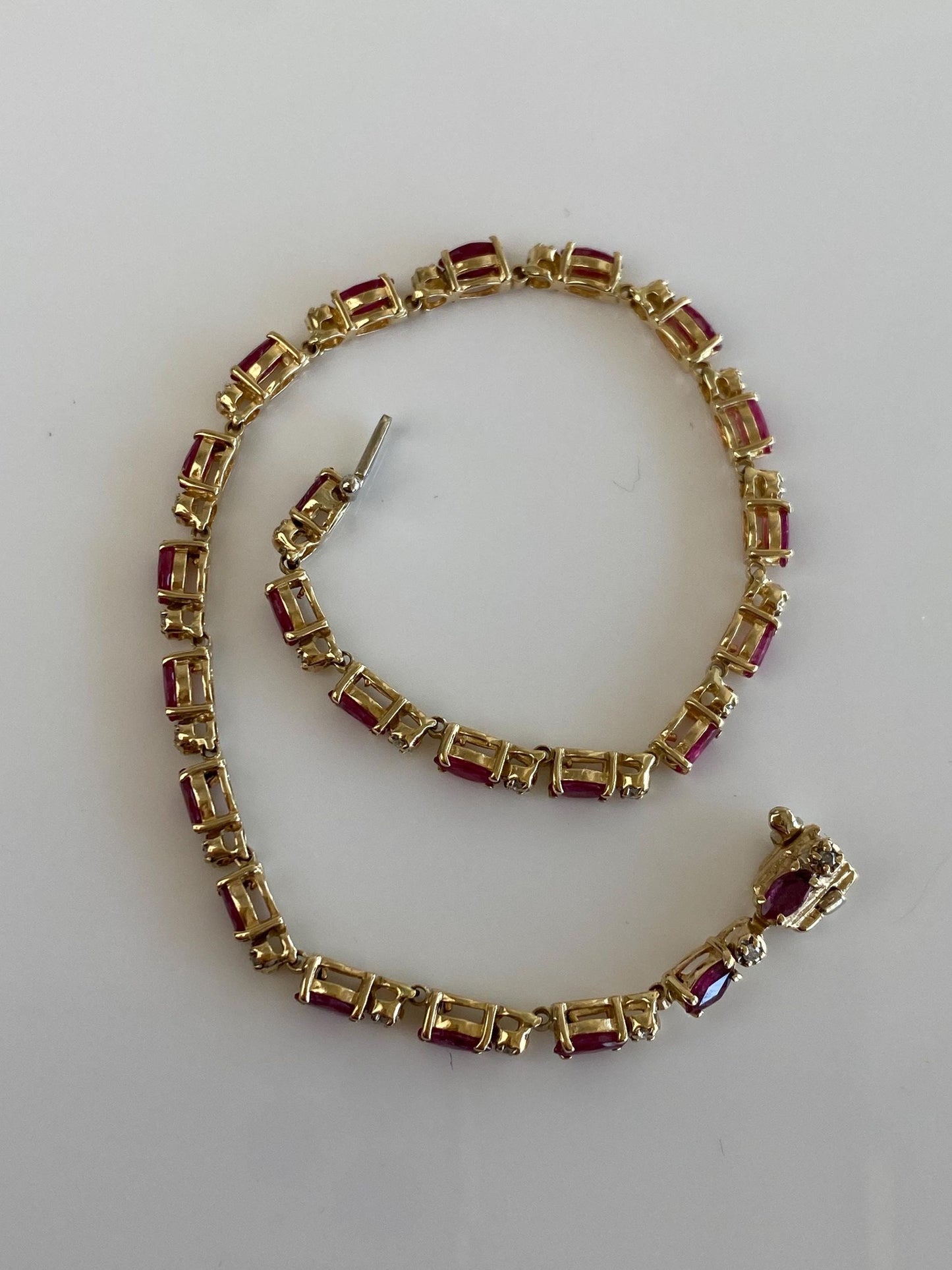 Vintage Solid 14k Yellow Gold Ruby Diamond Link Bracelet - 7.75 inches