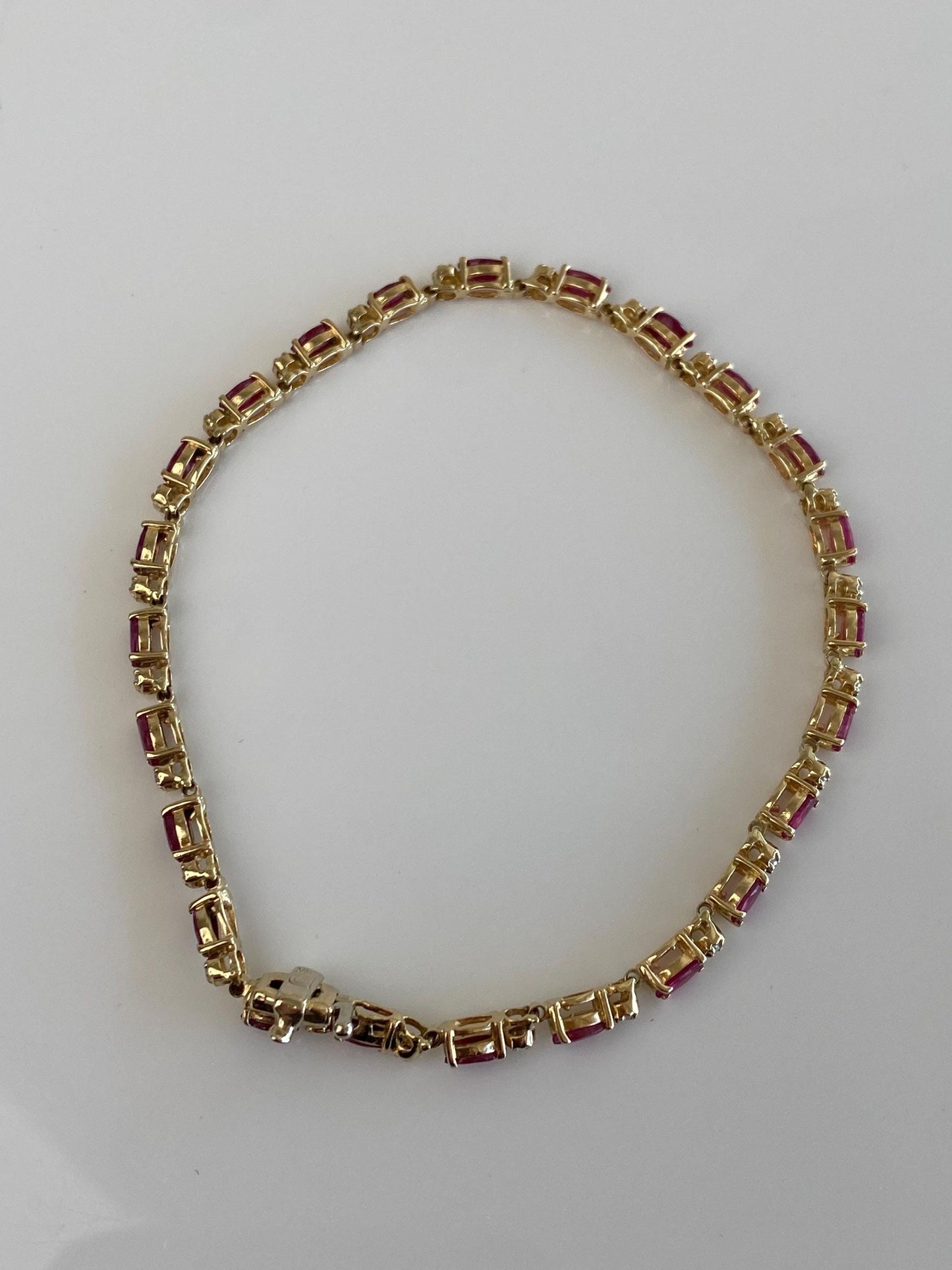 Vintage Solid 14k Yellow Gold Ruby Diamond Link Bracelet - 7.75 inches