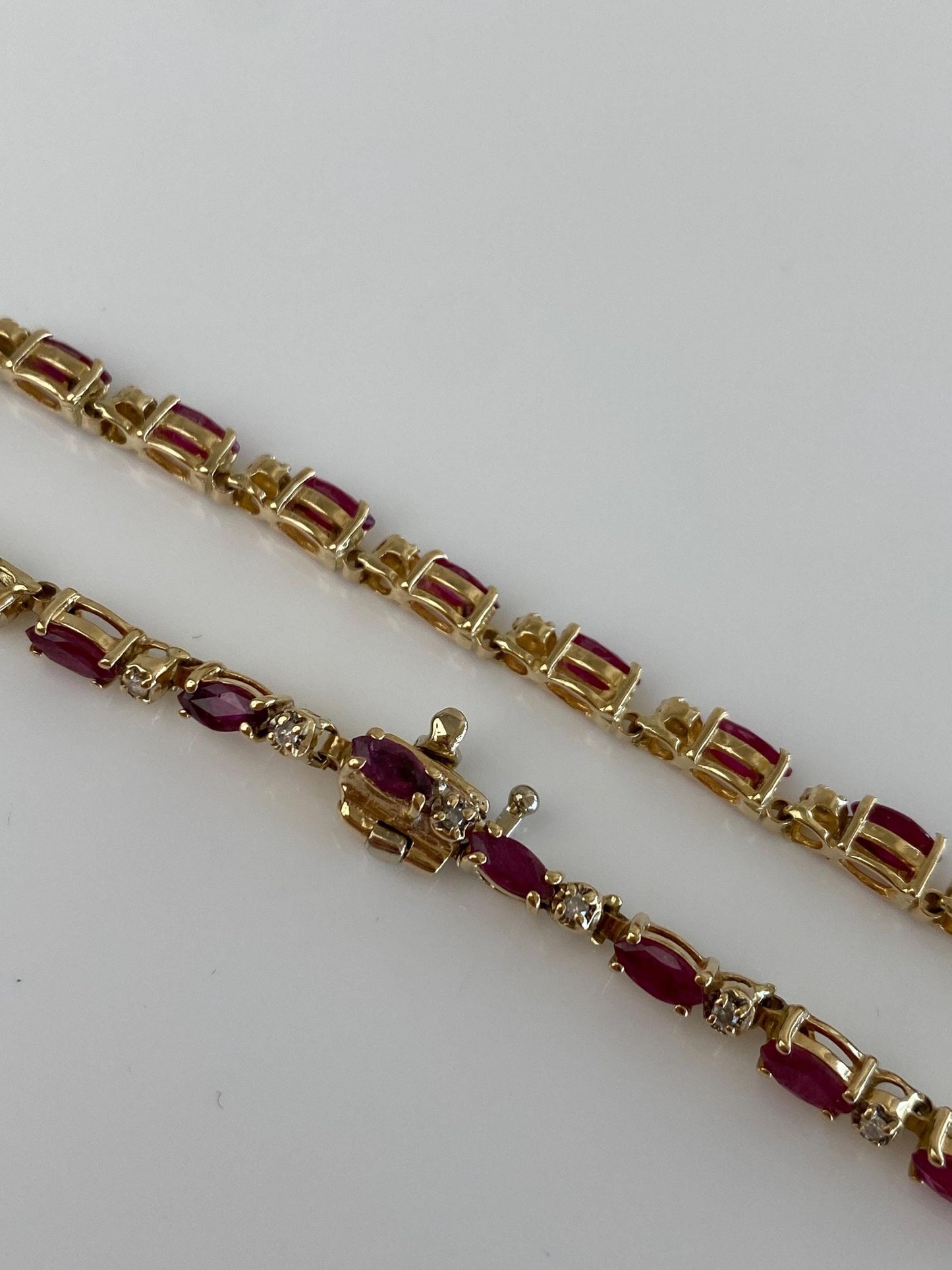 Vintage Solid 14k Yellow Gold Ruby Diamond Link Bracelet - 7.75 inches