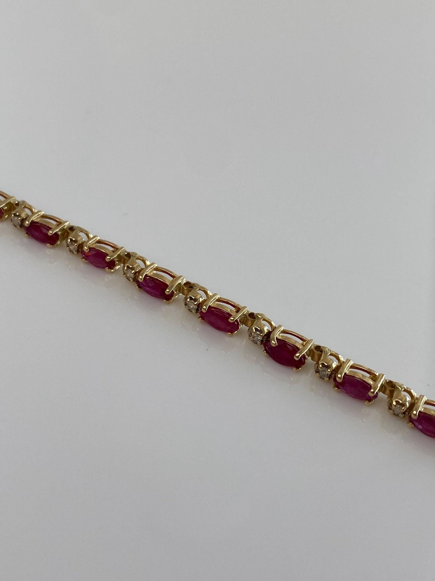 Vintage Solid 14k Yellow Gold Ruby Diamond Link Bracelet - 7.75 inches