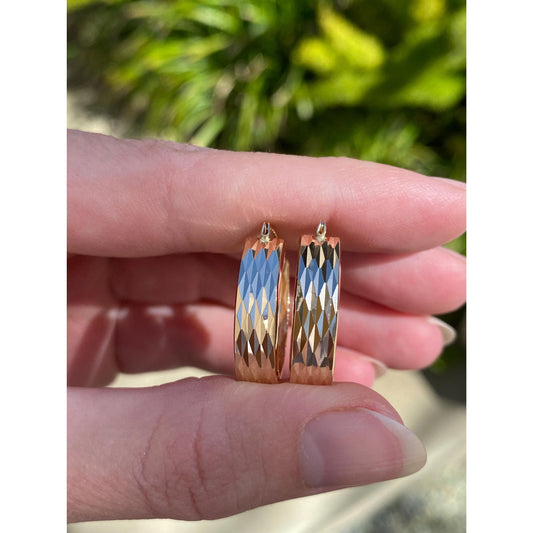 Vintage Solid 14k Yellow Gold Textured Chevron Hoop Earrings