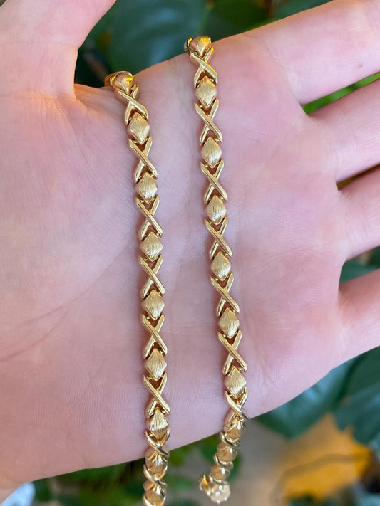 Vintage 14k Yellow Gold Satin Textured Shiny X Link Necklace - 16.5 inches