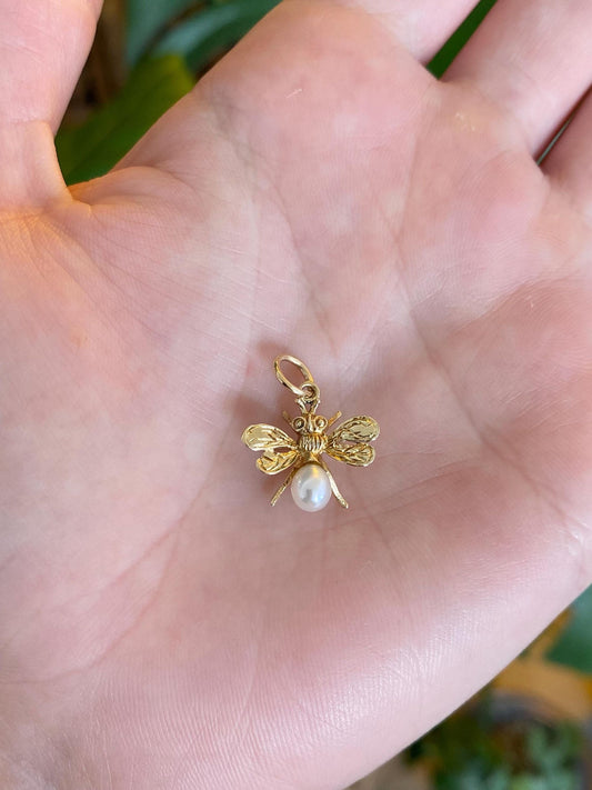 Vintage Solid 14k Yellow Gold Pearl Fly Bug Charm