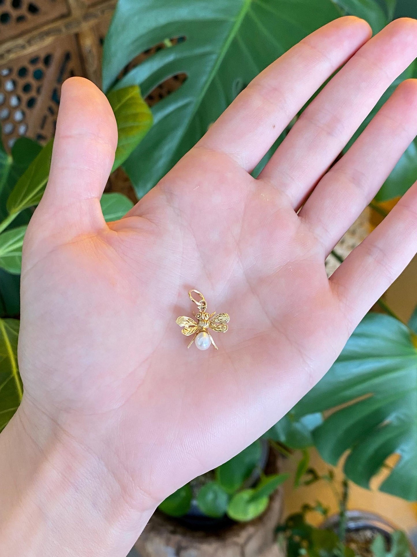 Vintage Solid 14k Yellow Gold Pearl Fly Bug Charm